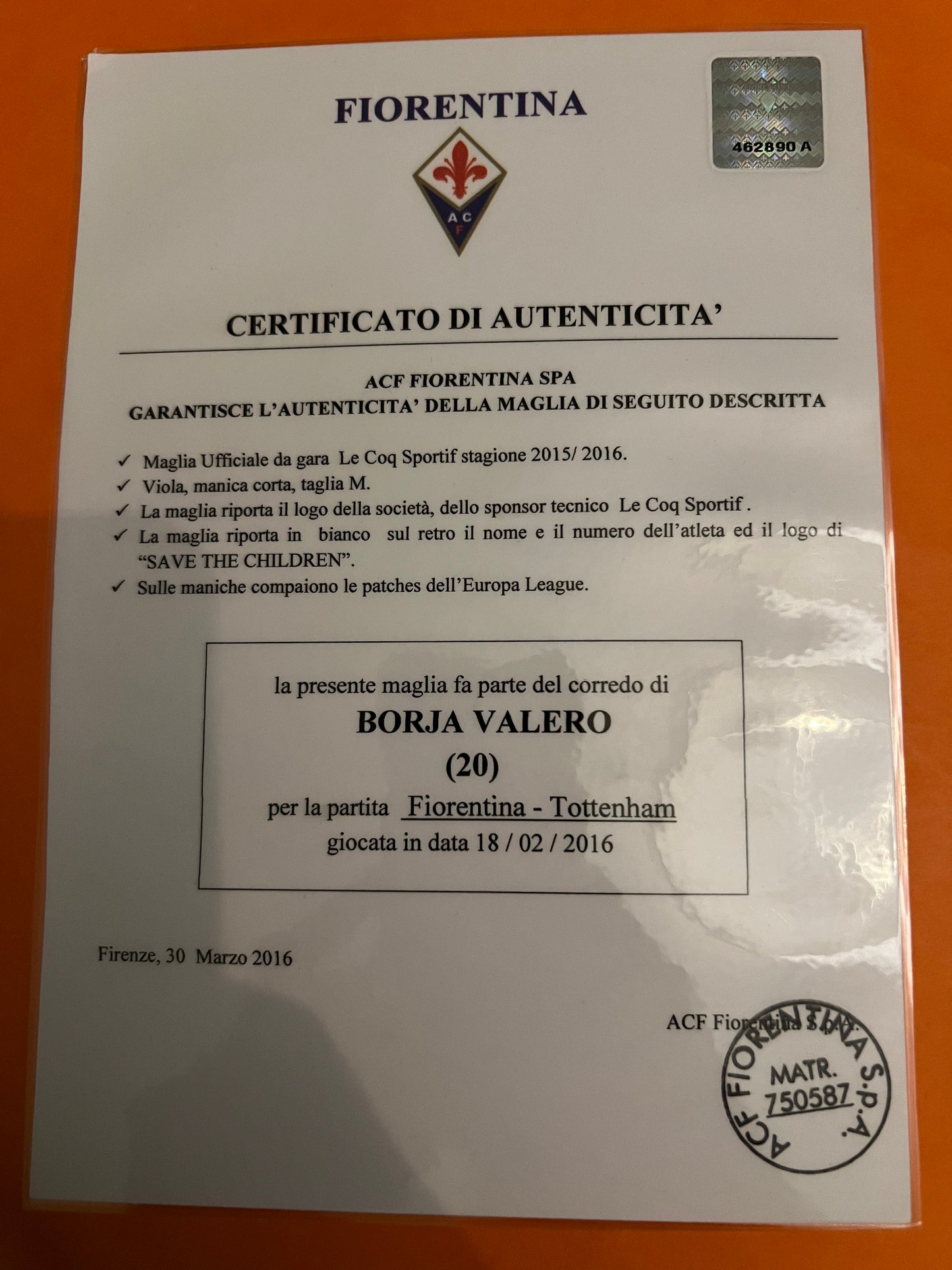 ACF Fiorentina B.Valero #20 Le Coq Sportif 15/16 taille M