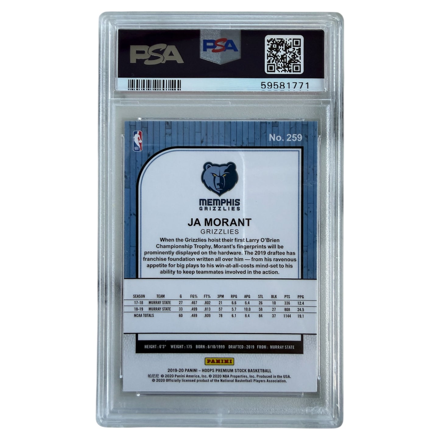 Mfs Hoops card Ja Morant Rookie card premium stock PSA 10 GEM MT 2019